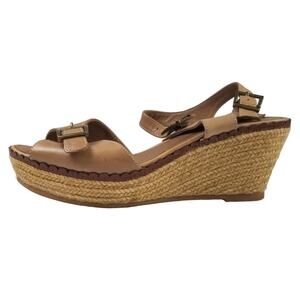 Eric Michael Tan Brown Wedge Strappy Sandals  Buckles Jute Wrapped Heel Size 9.5